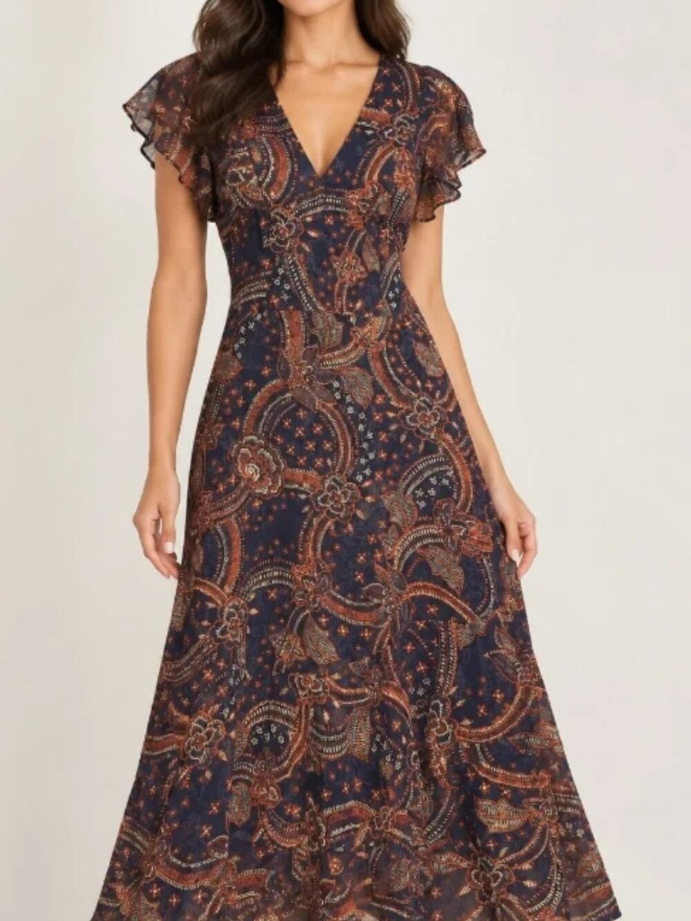 Kensie Navy &; Rust Paisley V-Neck Ruffle Midi Dress sz 8
